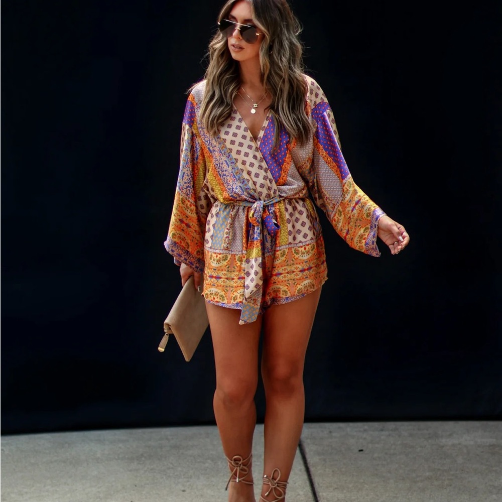 Vici Palm Canyon Satin Tie Waist Romper ✨